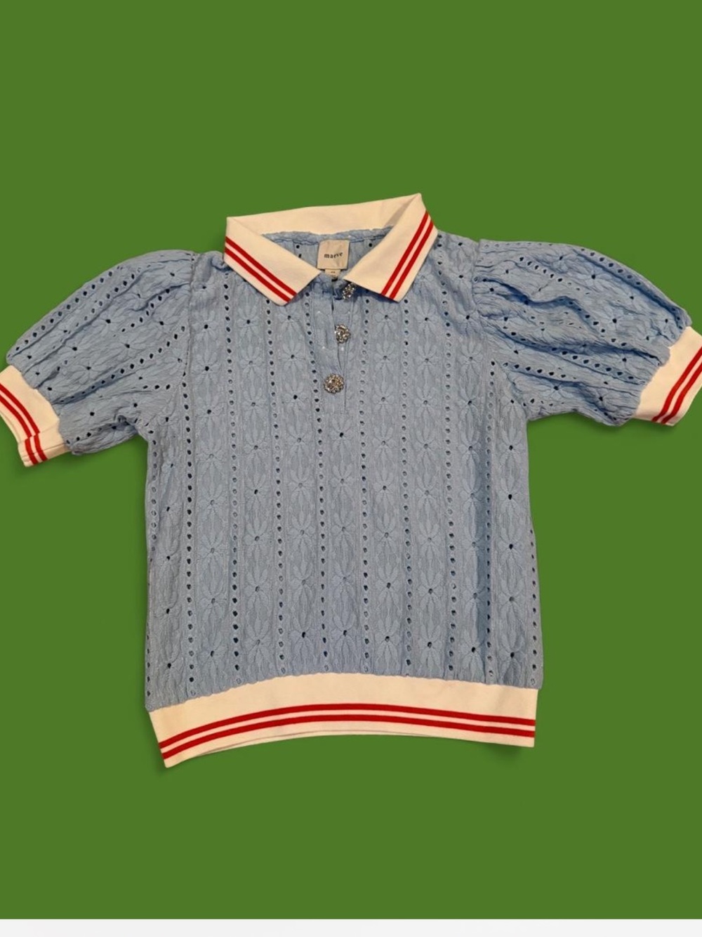 Maeve Light Blue Knit Polo with Red-Trim Collar